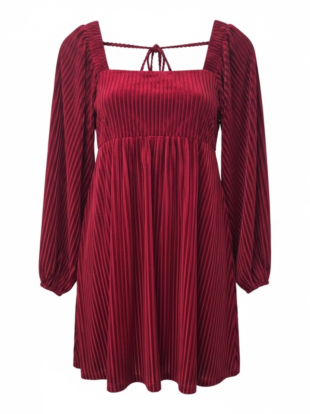Smocked Square-Neck Small Velvet Mini Dress in Burgundy